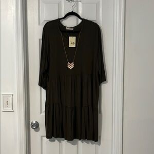 Olive Deep Forest Green Light Weight Fun Casual Relaxed Midi Dress 3/4 Sleeves